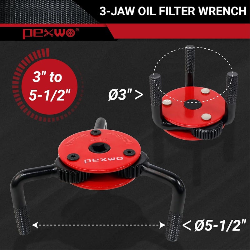 pexwo 2-Piece 3-Jaw Adjustable Oil Filter Wrench Set - Universal Fit for 2-1/2" to 5-1/2" Filters, 3/8" and 1/2" Both Drive - Image 2
